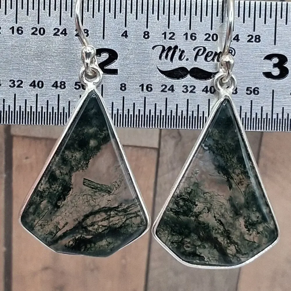 Moss Agate Earrings Sterling Silver 925 Dangle Drop Scenic Stone Southwestern